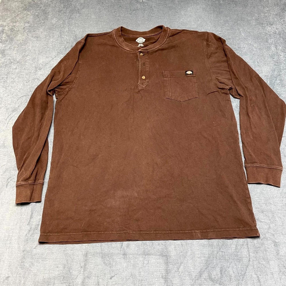 Dickies Long Sleeve Henley T Shirt Mens 2XLT Chocolate Brown Logo Heavyweight